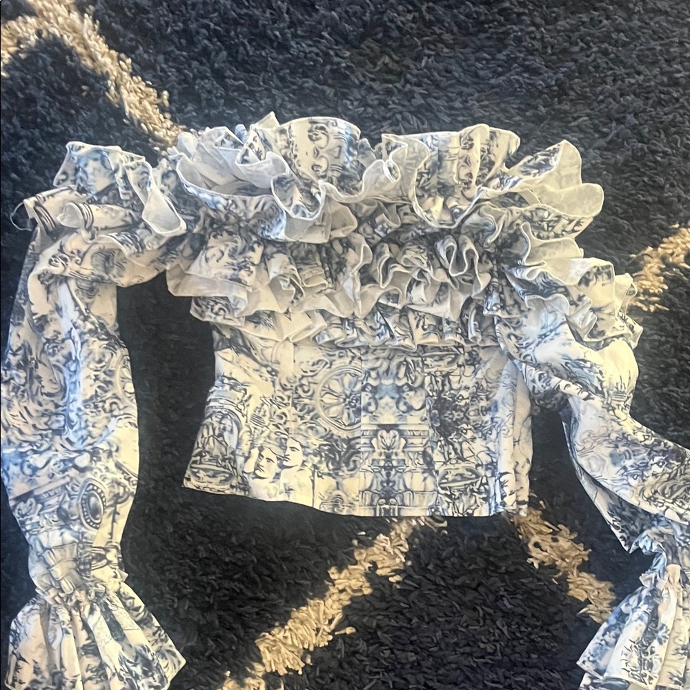PrettyLittleThing Blue and White Ruffle Crop Top